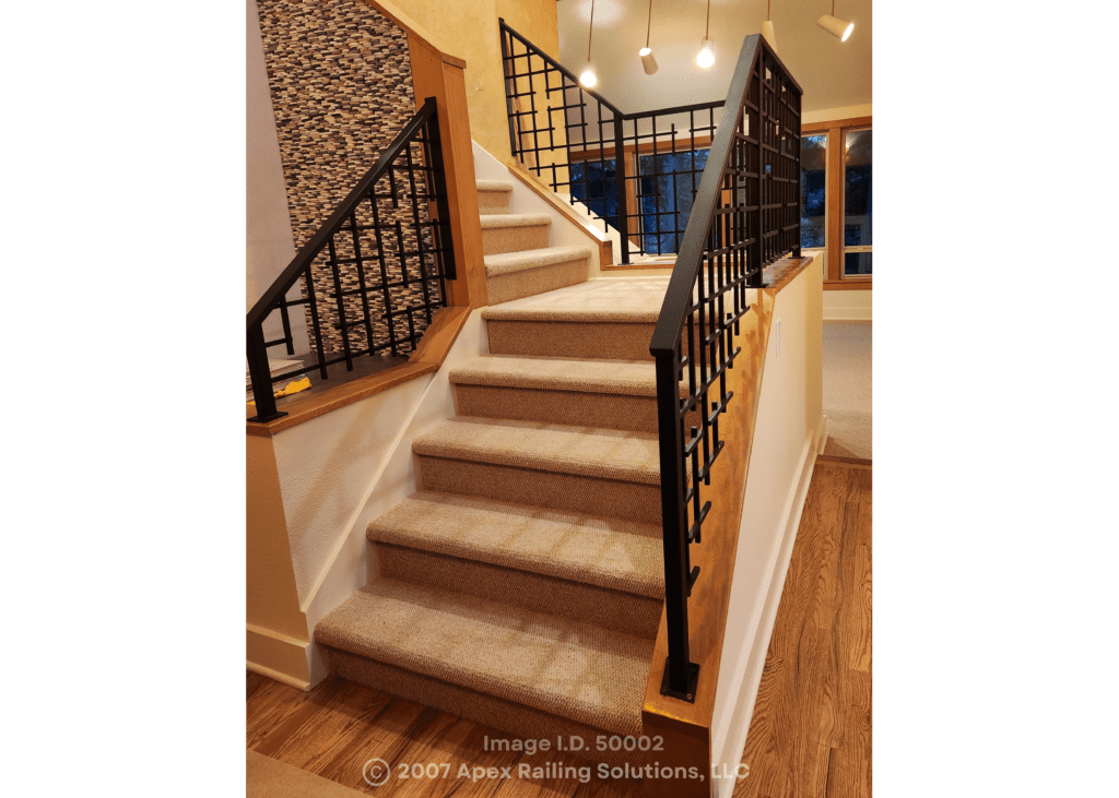 Split level stairs with custom metal railings